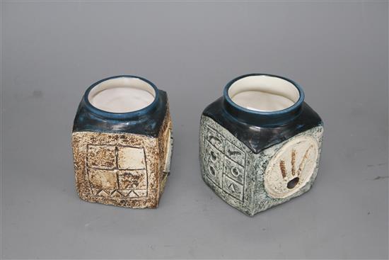 Two Troika marmalade pots, by Tina Doubleday, c.1976 and H.F., 1970s, height 9cm and 9.5cm